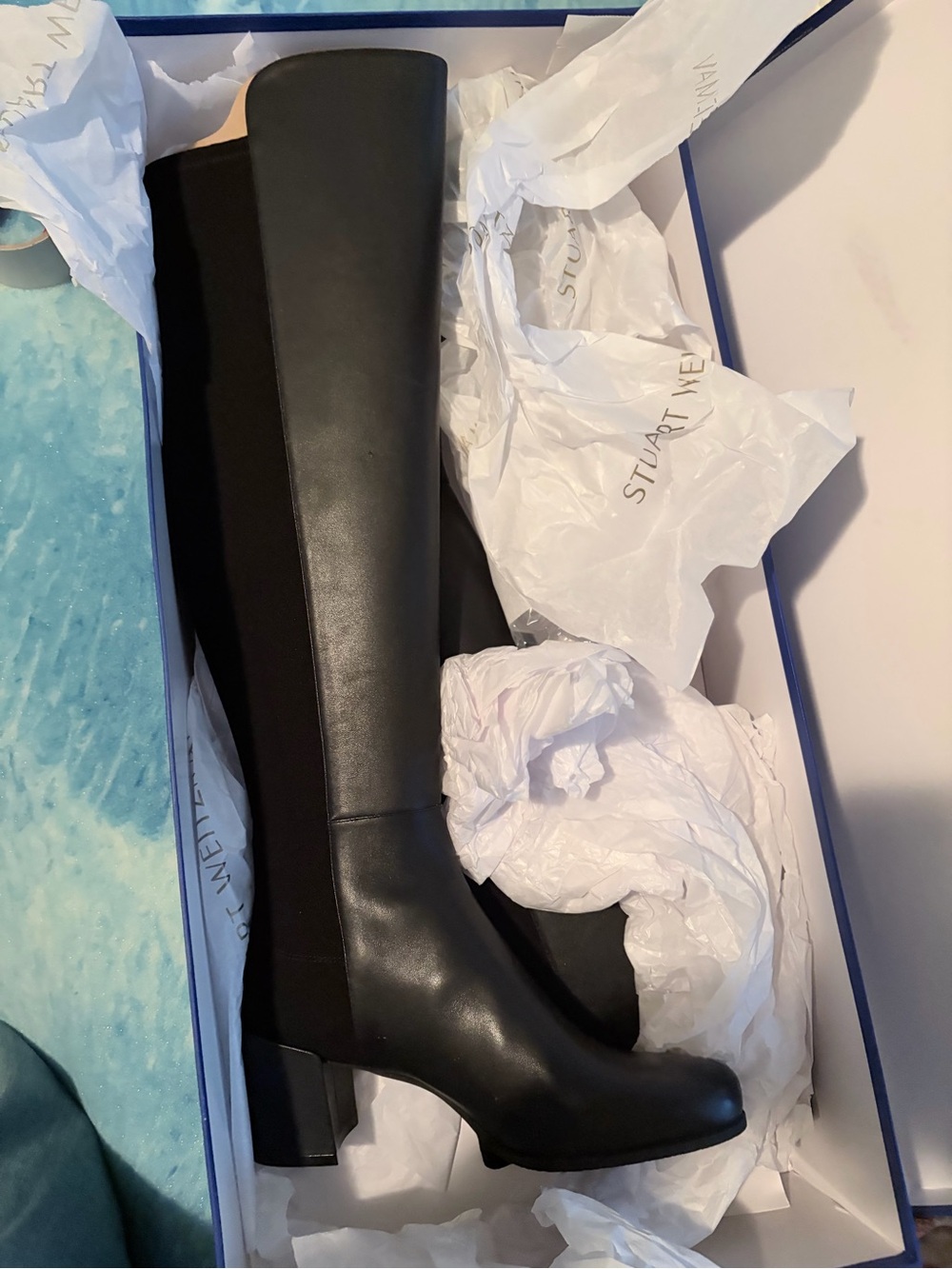 Stuart Weitzman Gabardine Black OTK Leather Block Heel Boots - Picture 2 of 4